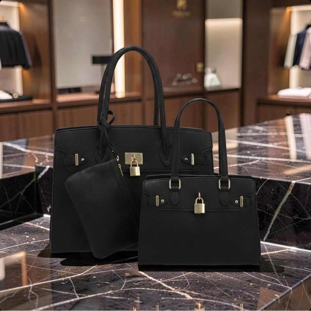 3-Piece Vegan Leather Handbag Set, Classic black Bag with Crossbody Bag& Wallet
